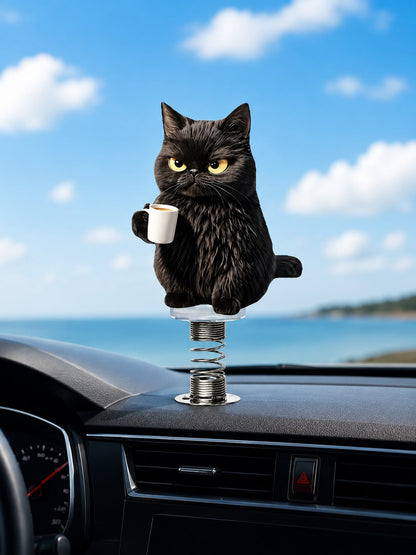 2D Black Cat Coffee Spring Ornament, Adjustable Height Acrylic Car Dashboard And Desktop Decor, Fun Gift For Cat Lovers (Metal Spring Base)