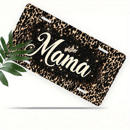 2D Flat Design, Single-Piece, For Decorative Purposes Only, "Mama" License Plate Frame, Leopard Print Glitter Design, Car Decoration, 12" X 6", Unisex, License Plate Decoration, Car, Charming Style, M