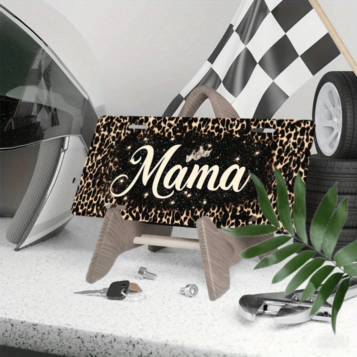 2D Flat Design, Single-Piece, For Decorative Purposes Only, "Mama" License Plate Frame, Leopard Print Glitter Design, Car Decoration, 12" X 6", Unisex, License Plate Decoration, Car, Charming Style, M