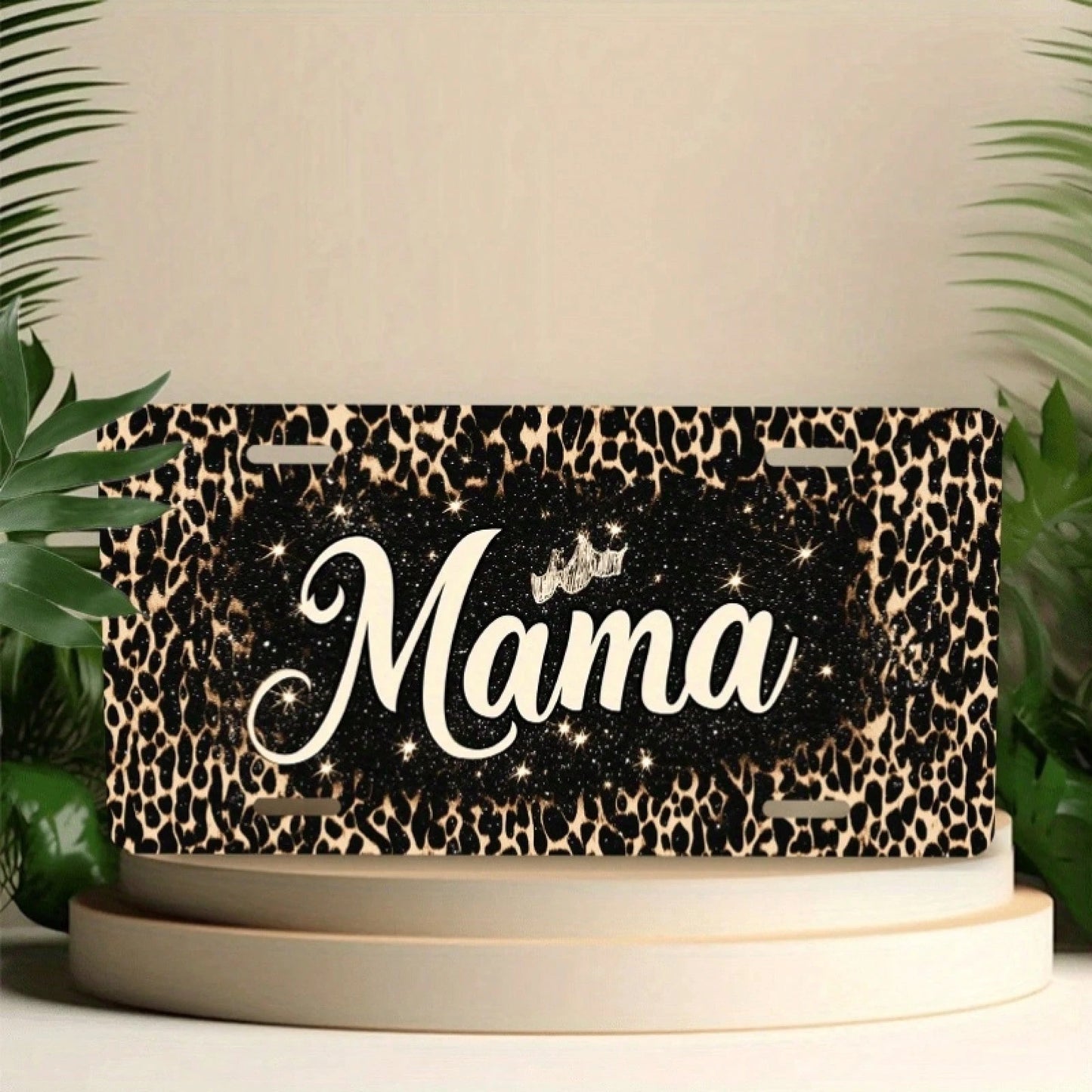 2D Flat Design, Single-Piece, For Decorative Purposes Only, "Mama" License Plate Frame, Leopard Print Glitter Design, Car Decoration, 12" X 6", Unisex, License Plate Decoration, Car, Charming Style, M