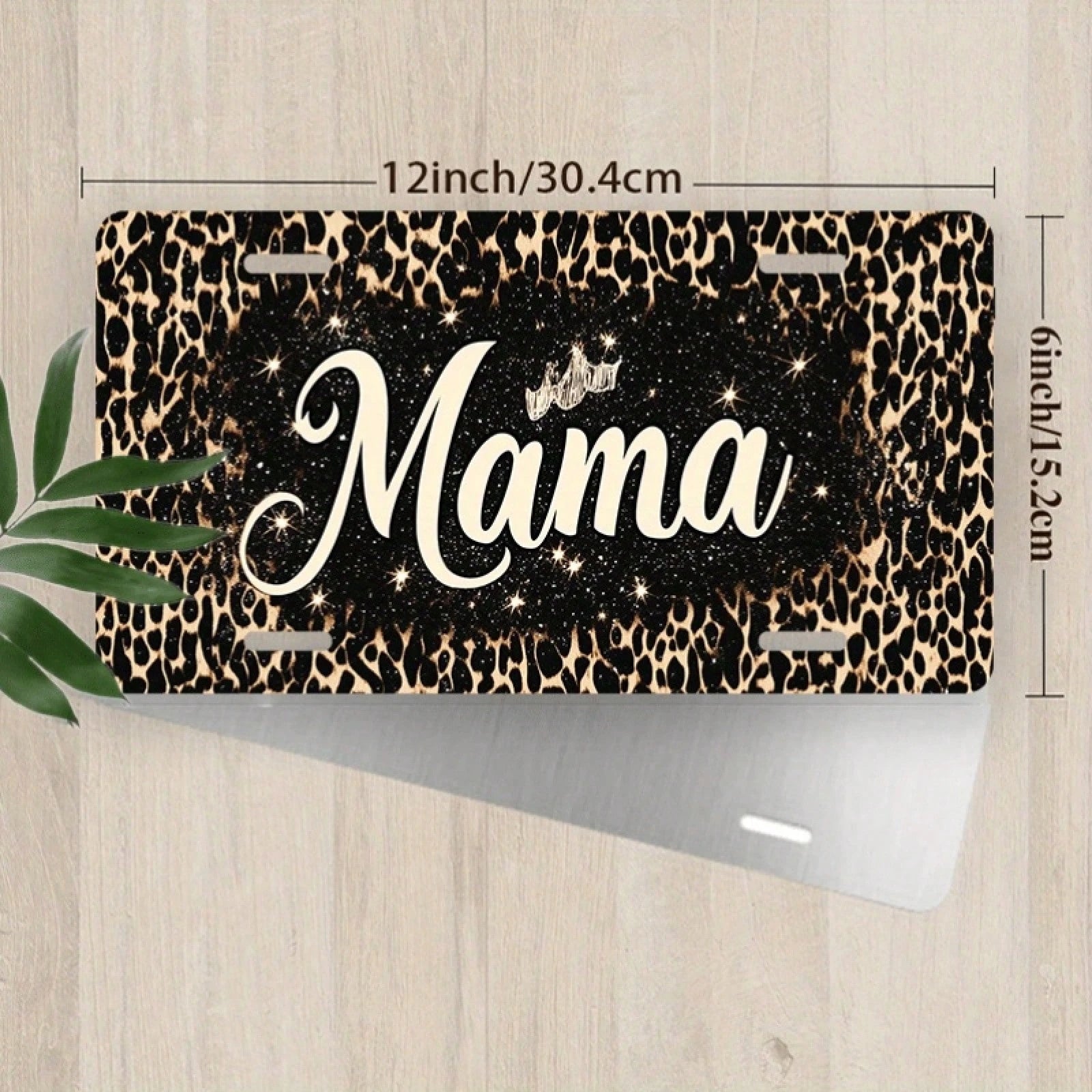 2D Flat Design, Single-Piece, For Decorative Purposes Only, "Mama" License Plate Frame, Leopard Print Glitter Design, Car Decoration, 12" X 6", Unisex, License Plate Decoration, Car, Charming Style, M
