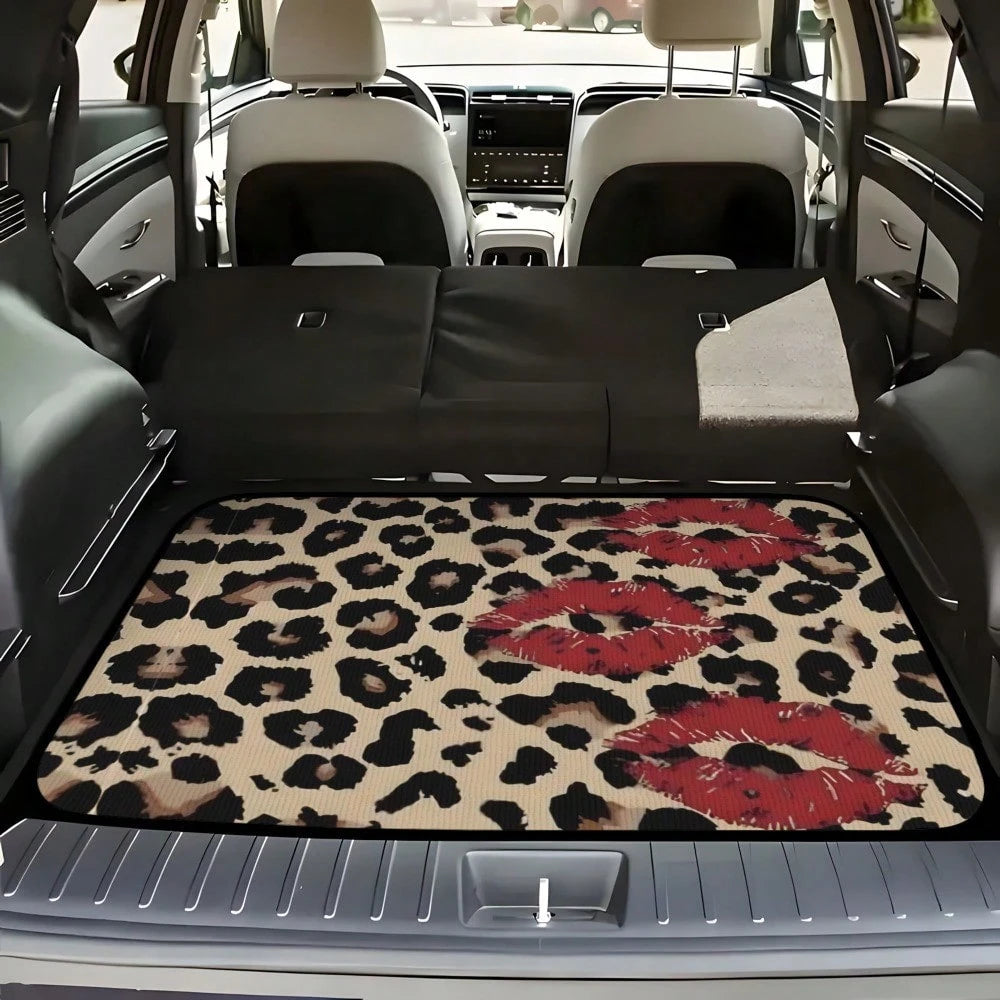 [2D Flat] Leopard Print Red Lip Splicing Car Trunk Pad- Dustproof And Durable Trunk Pad, Universal Trunk Protection Pad, Automatic Storage Solution, Heavy Duty Material, Fashion Driver, Car Fan (75 *