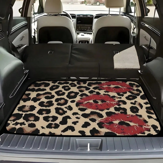[2D Flat] Leopard Print Red Lip Splicing Car Trunk Pad- Dustproof And Durable Trunk Pad, Universal Trunk Protection Pad, Automatic Storage Solution, Heavy Duty Material, Fashion Driver, Car Fan (75 *