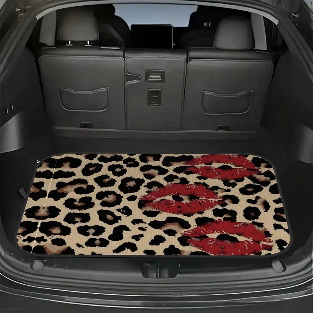 [2D Flat] Leopard Print Red Lip Splicing Car Trunk Pad- Dustproof And Durable Trunk Pad, Universal Trunk Protection Pad, Automatic Storage Solution, Heavy Duty Material, Fashion Driver, Car Fan (75 *