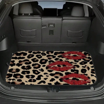[2D Flat] Leopard Print Red Lip Splicing Car Trunk Pad- Dustproof And Durable Trunk Pad, Universal Trunk Protection Pad, Automatic Storage Solution, Heavy Duty Material, Fashion Driver, Car Fan (75 *