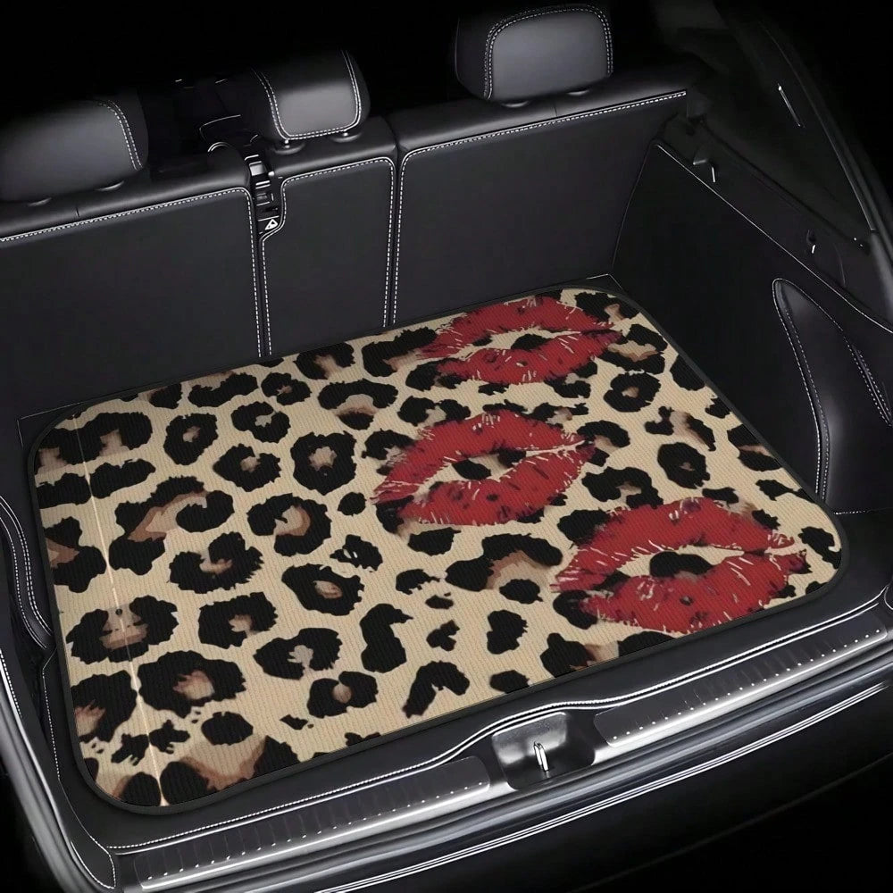 [2D Flat] Leopard Print Red Lip Splicing Car Trunk Pad- Dustproof And Durable Trunk Pad, Universal Trunk Protection Pad, Automatic Storage Solution, Heavy Duty Material, Fashion Driver, Car Fan (75 *