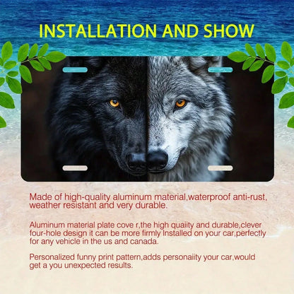 2D Flat Surface- [Open] 2D Flat Surface Car P Is A Decorative License Plate Featuring A Two-Tone Wolf Face Design. It Is Made Of Metal, With Dimensions Of 6inch X 12inch, And Is Ideal For Decorative