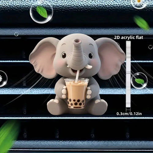 2D Flat, 1pc Cute Little Elephant Drinking Bubble Tea Pattern Car Air Outlet Clip Decoration, Can Add Fragrance By Yourself, Acrylic Cartoon Decoration, Car Interior Accessories, Clip-On Air Fresh, Ca