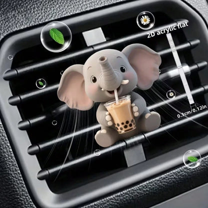 2D Flat, 1pc Cute Little Elephant Drinking Bubble Tea Pattern Car Air Outlet Clip Decoration, Can Add Fragrance By Yourself, Acrylic Cartoon Decoration, Car Interior Accessories, Clip-On Air Fresh, Ca