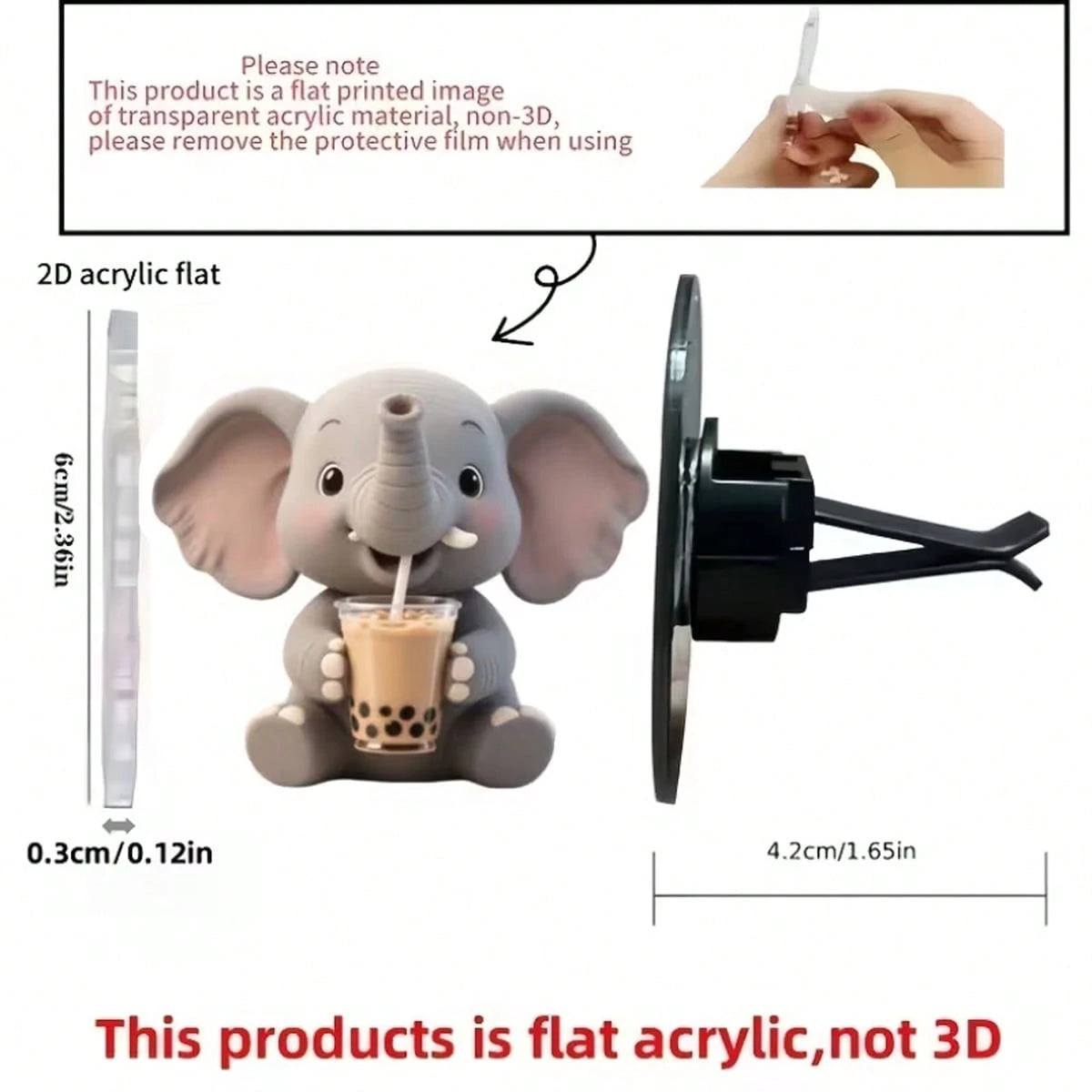 2D Flat, 1pc Cute Little Elephant Drinking Bubble Tea Pattern Car Air Outlet Clip Decoration, Can Add Fragrance By Yourself, Acrylic Cartoon Decoration, Car Interior Accessories, Clip-On Air Fresh, Ca
