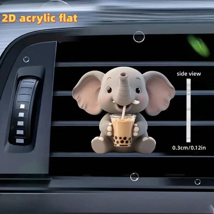 2D Flat, 1pc Cute Little Elephant Drinking Bubble Tea Pattern Car Air Outlet Clip Decoration, Can Add Fragrance By Yourself, Acrylic Cartoon Decoration, Car Interior Accessories, Clip-On Air Fresh, Ca