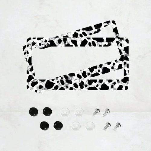 2pc Black White Cow Print 2 Hole License Plate Frame Aluminum Material 6x12 Inches With Screw Set Cartoon Funny Car Decoration Standard US License Plate Size