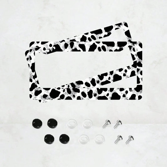 2pc Black White Cow Print 2 Hole License Plate Frame Aluminum Material 6x12 Inches With Screw Set Cartoon Funny Car Decoration Standard US License Plate Size