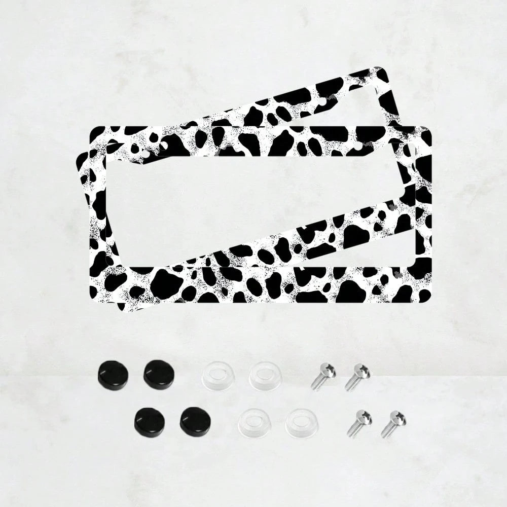 2pc Black White Cow Print 2 Hole License Plate Frame Aluminum Material 6x12 Inches With Screw Set Cartoon Funny Car Decoration Standard US License Plate Size