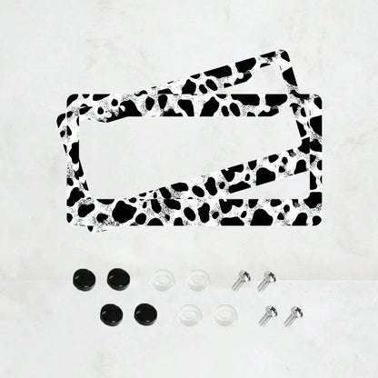 2pc Black White Cow Print 2 Hole License Plate Frame Aluminum Material 6x12 Inches With Screw Set Cartoon Funny Car Decoration Standard US License Plate Size
