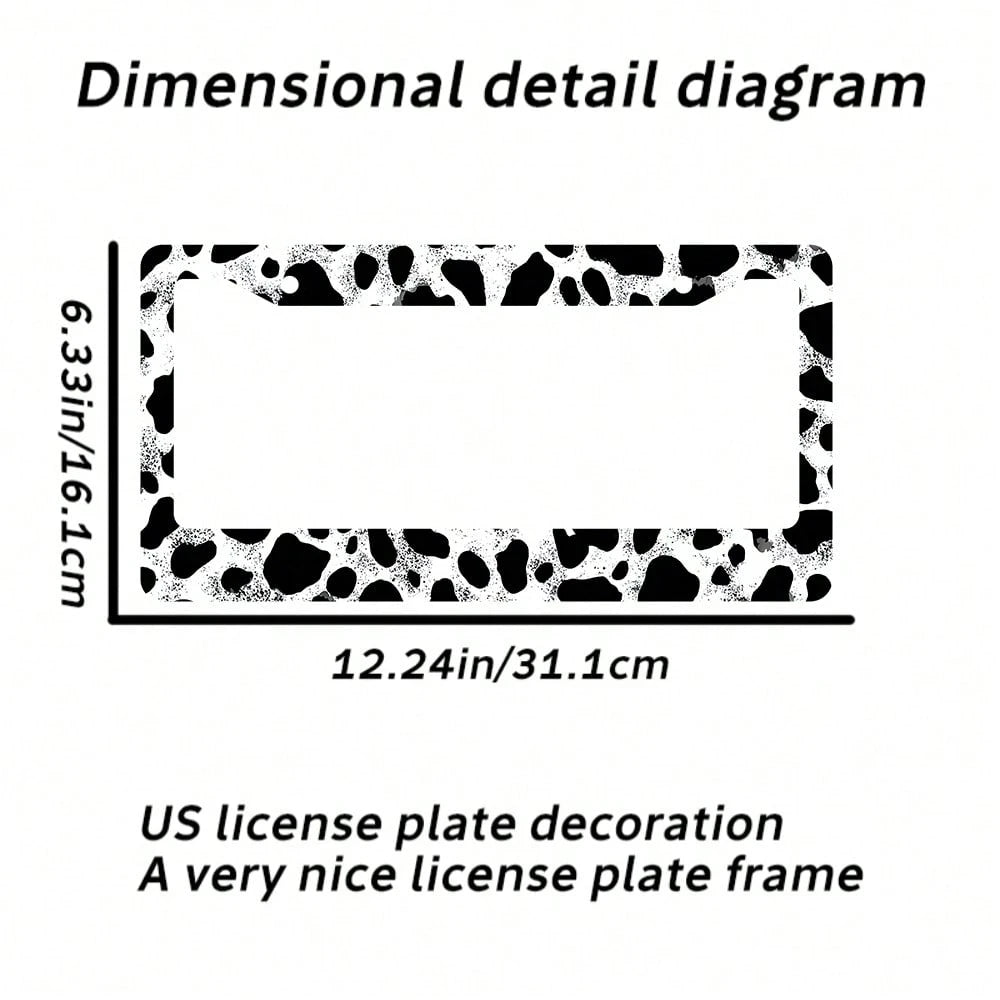 2pc Black White Cow Print 2 Hole License Plate Frame Aluminum Material 6x12 Inches With Screw Set Cartoon Funny Car Decoration Standard US License Plate Size