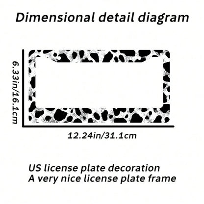 2pc Black White Cow Print 2 Hole License Plate Frame Aluminum Material 6x12 Inches With Screw Set Cartoon Funny Car Decoration Standard US License Plate Size