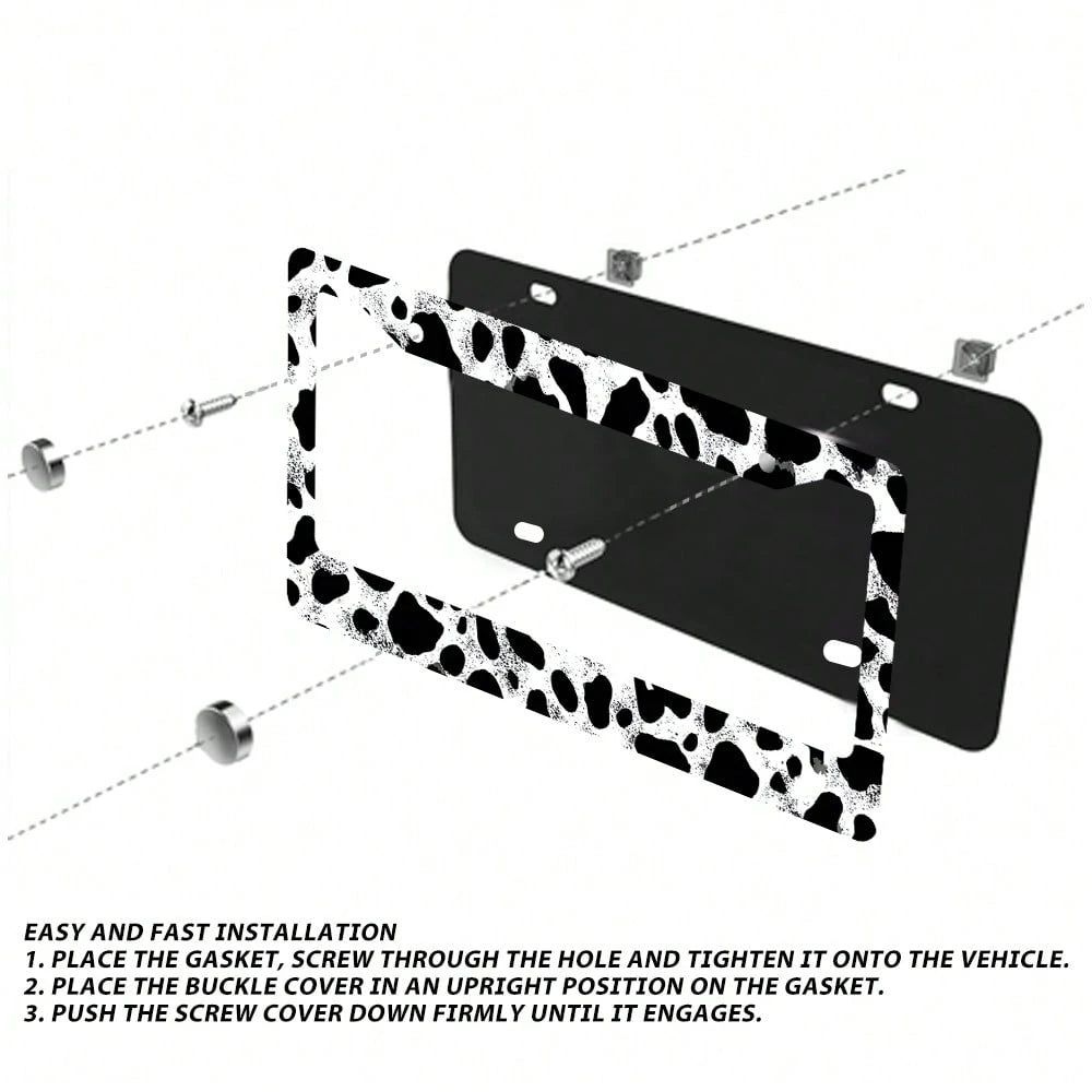 2pc Black White Cow Print 2 Hole License Plate Frame Aluminum Material 6x12 Inches With Screw Set Cartoon Funny Car Decoration Standard US License Plate Size