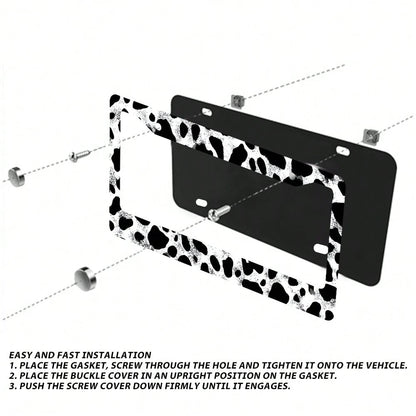 2pc Black White Cow Print 2 Hole License Plate Frame Aluminum Material 6x12 Inches With Screw Set Cartoon Funny Car Decoration Standard US License Plate Size