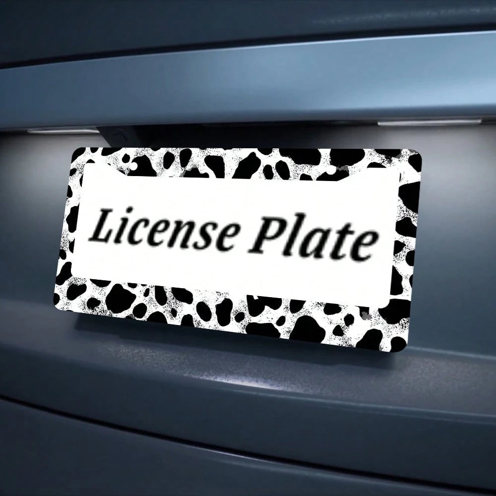 2pc Black White Cow Print 2 Hole License Plate Frame Aluminum Material 6x12 Inches With Screw Set Cartoon Funny Car Decoration Standard US License Plate Size