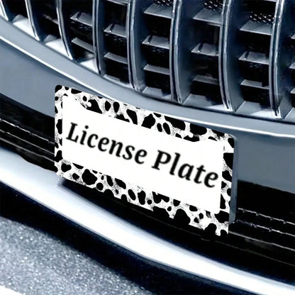 2pc Black White Cow Print 2 Hole License Plate Frame Aluminum Material 6x12 Inches With Screw Set Cartoon Funny Car Decoration Standard US License Plate Size