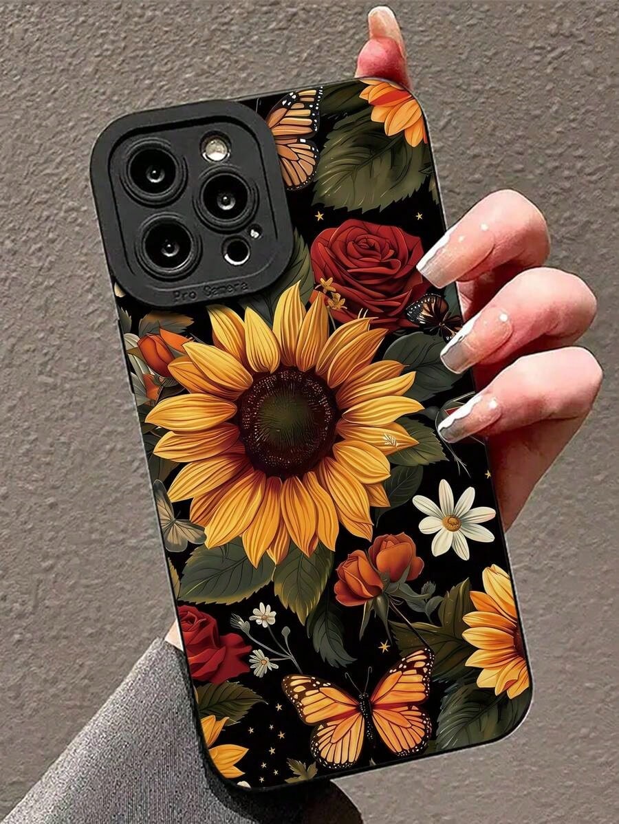 2pc Minimalist Sunflower Rose Butterfly Print Soft Phone Case, Compatible With IPhone 7/7p/X/Xs/Xr/Xmax/11/11pro/11promax/12/12pro/12promax/13/13pro/13promax/14/14pro/14plus/14promax/15/15pro/15plus/1