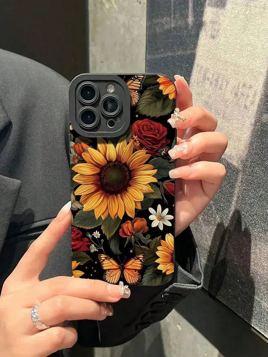 2pc Minimalist Sunflower Rose Butterfly Print Soft Phone Case, Compatible With IPhone 7/7p/X/Xs/Xr/Xmax/11/11pro/11promax/12/12pro/12promax/13/13pro/13promax/14/14pro/14plus/14promax/15/15pro/15plus/1