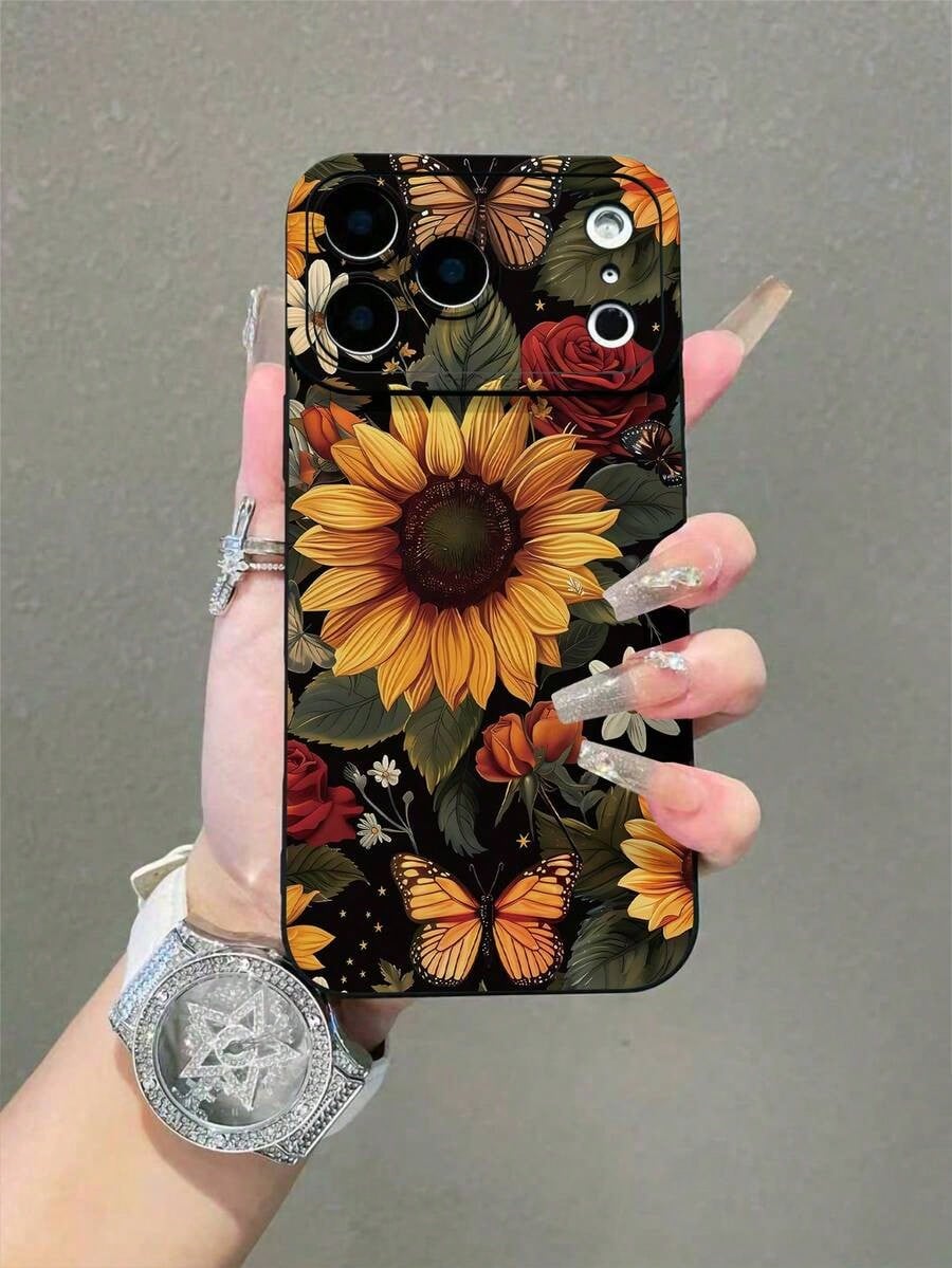 2pc Minimalist Sunflower Rose Butterfly Print Soft Phone Case, Compatible With IPhone 7/7p/X/Xs/Xr/Xmax/11/11pro/11promax/12/12pro/12promax/13/13pro/13promax/14/14pro/14plus/14promax/15/15pro/15plus/1