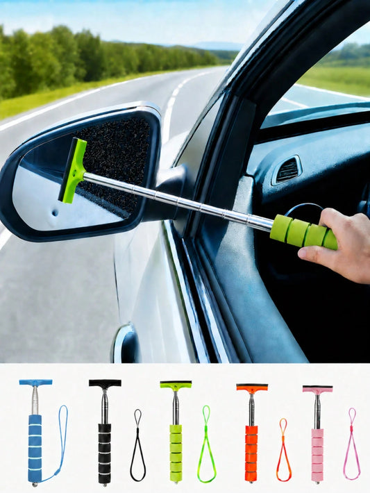 2pcs/1pc Retractable Car Rearview Mirror Squeegee, Rearview Mirror Wiper With Telescopic Pole, Portable Window Cleaner, Suitable For Rain, Fog, Snow, Snow Brush, Car Exterior Accessory