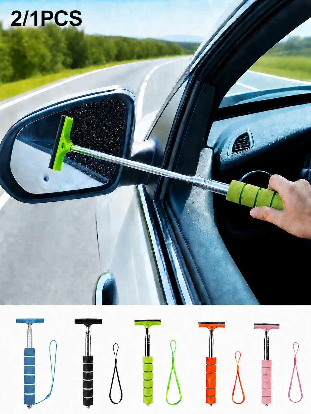 2pcs/1pc Retractable Car Rearview Mirror Squeegee, Rearview Mirror Wiper With Telescopic Pole, Portable Window Cleaner, Suitable For Rain, Fog, Snow, Snow Brush, Car Exterior Accessory