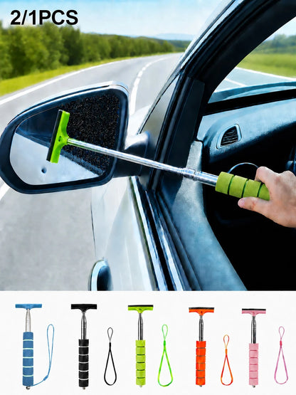 2pcs/1pc Retractable Car Rearview Mirror Squeegee, Rearview Mirror Wiper With Telescopic Pole, Portable Window Cleaner, Suitable For Rain, Fog, Snow, Snow Brush, Car Exterior Accessory
