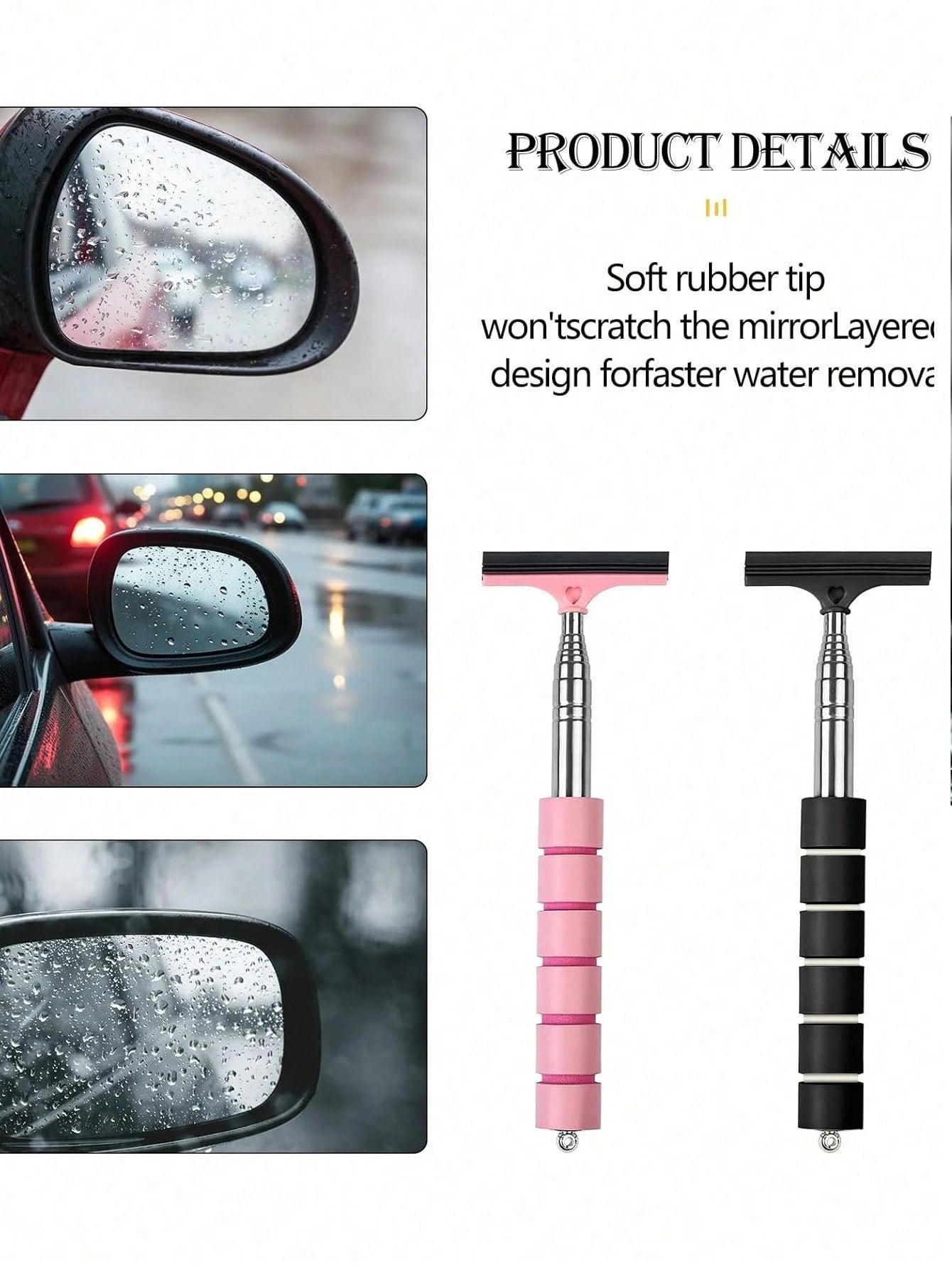 2pcs/1pc Retractable Car Rearview Mirror Squeegee, Rearview Mirror Wiper With Telescopic Pole, Portable Window Cleaner, Suitable For Rain, Fog, Snow, Snow Brush, Car Exterior Accessory