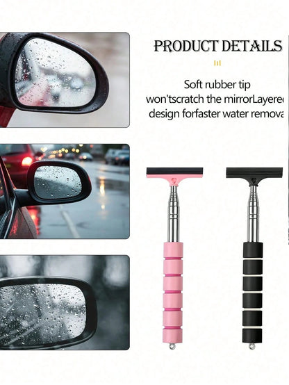 2pcs/1pc Retractable Car Rearview Mirror Squeegee, Rearview Mirror Wiper With Telescopic Pole, Portable Window Cleaner, Suitable For Rain, Fog, Snow, Snow Brush, Car Exterior Accessory