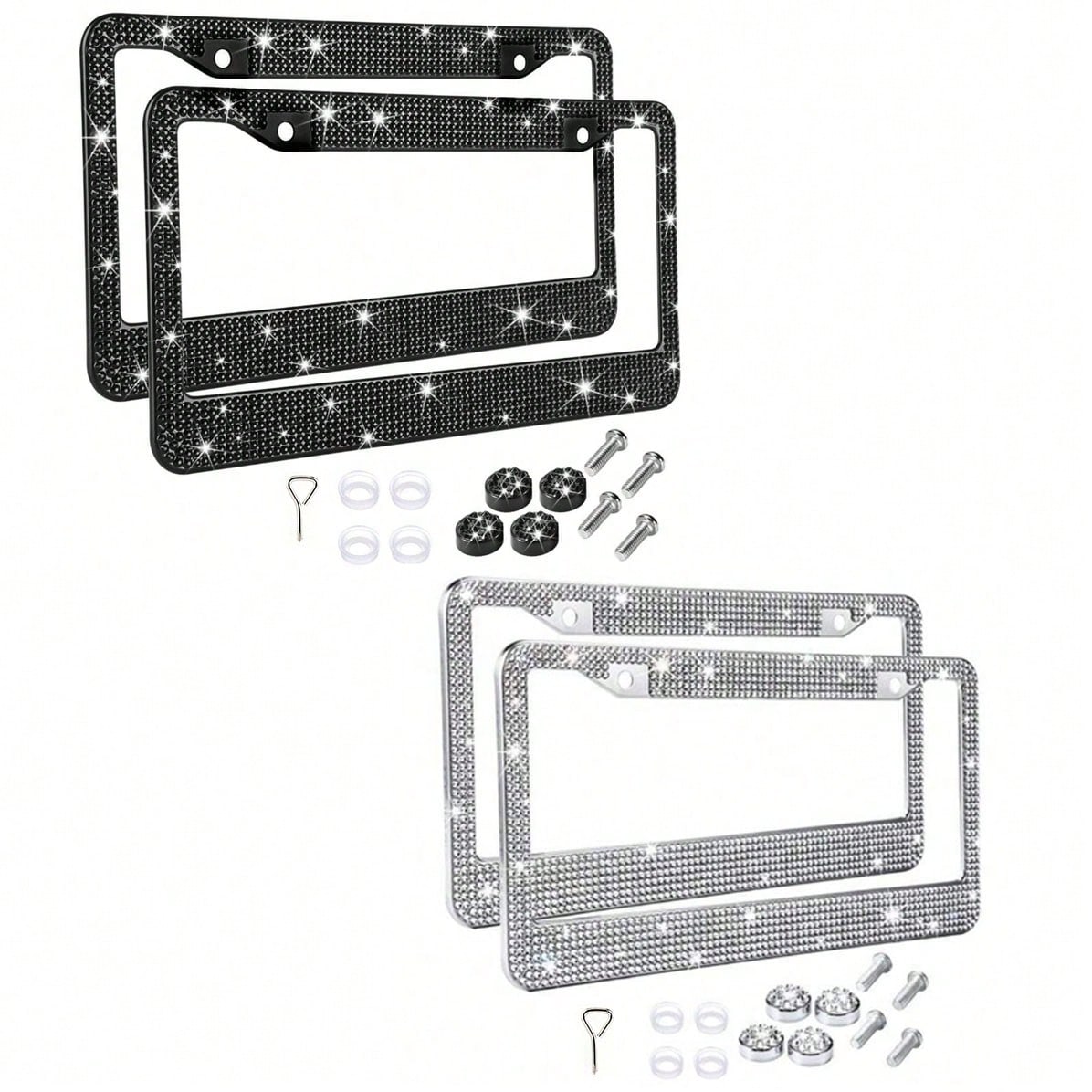 2pcs 2025 Premium Stainless Steel License Plate Frame With Acrylic Crystal Rhinestones- Heavy Duty 4-Hole Design With Complete Installation Kit, Anti-Rust & Weatherproof Metal Construction, Sparkling