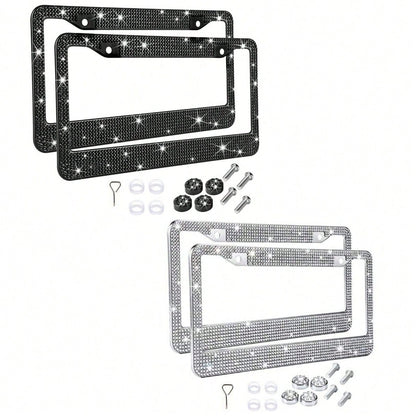 2pcs 2025 Premium Stainless Steel License Plate Frame With Acrylic Crystal Rhinestones- Heavy Duty 4-Hole Design With Complete Installation Kit, Anti-Rust & Weatherproof Metal Construction, Sparkling