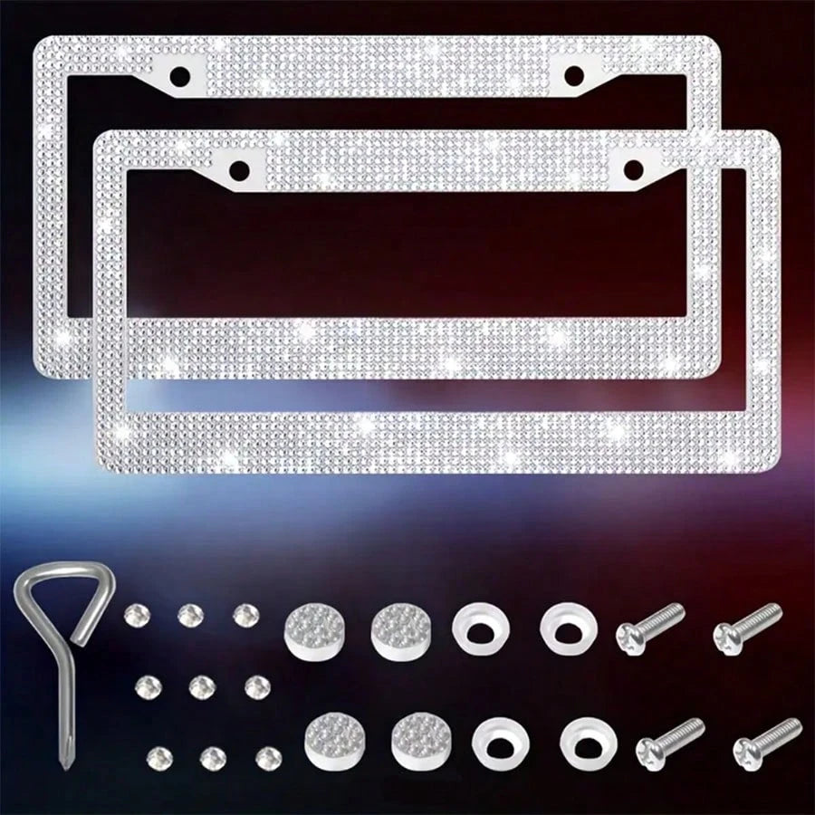 2pcs 2025 Premium Stainless Steel License Plate Frame With Acrylic Crystal Rhinestones- Heavy Duty 4-Hole Design With Complete Installation Kit, Anti-Rust & Weatherproof Metal Construction, Sparkling