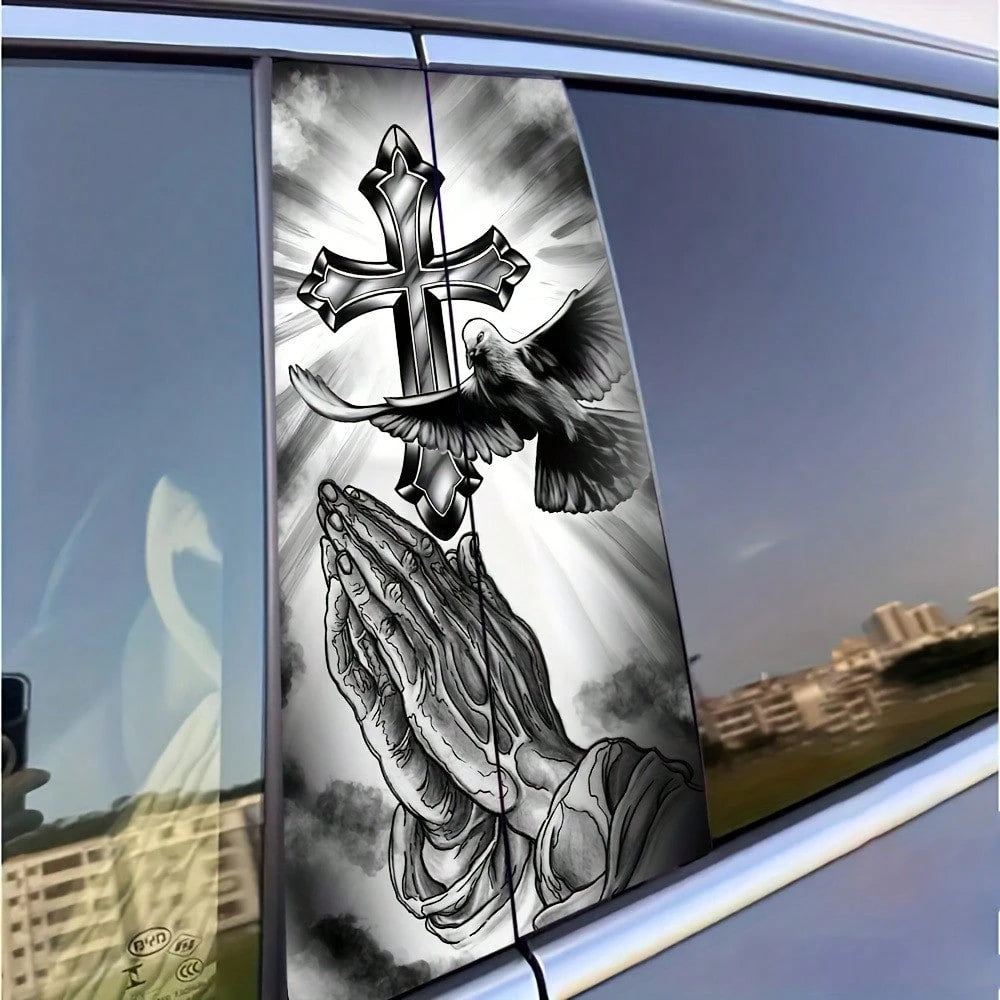 2pcs 2D Flat Jesus Cross Car B-Pillar Vinyl Stickers, Easy To Install Removable Waterproof Car Door Pillar Decals, Air Bubble Packaging, Vehicle Exterior Decoration