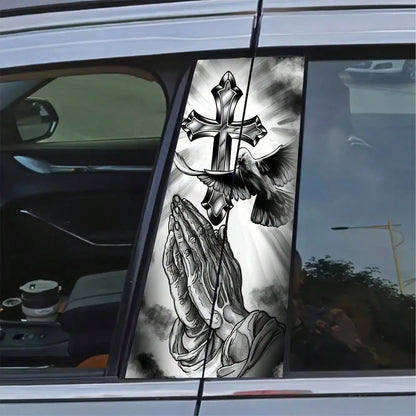 2pcs 2D Flat Jesus Cross Car B-Pillar Vinyl Stickers, Easy To Install Removable Waterproof Car Door Pillar Decals, Air Bubble Packaging, Vehicle Exterior Decoration