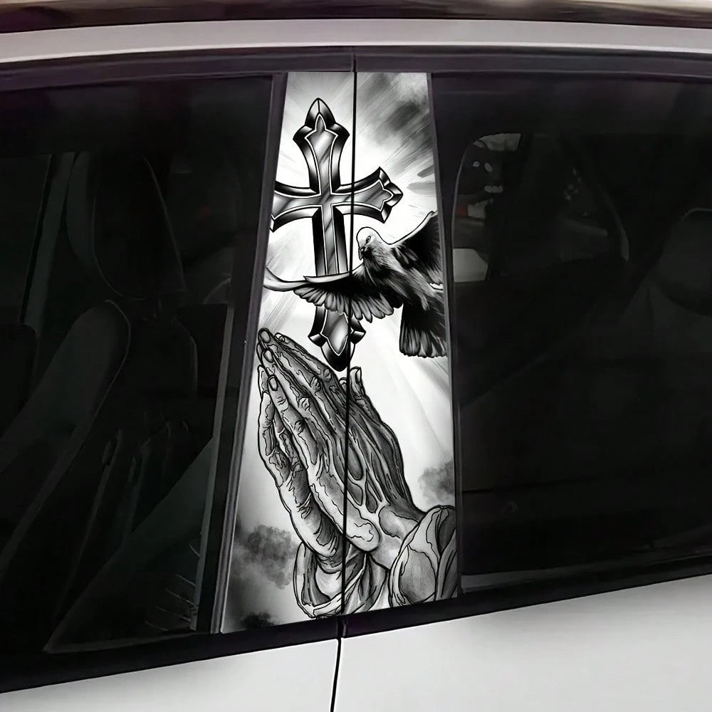 2pcs 2D Flat Jesus Cross Car B-Pillar Vinyl Stickers, Easy To Install Removable Waterproof Car Door Pillar Decals, Air Bubble Packaging, Vehicle Exterior Decoration