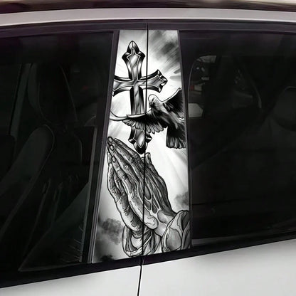 2pcs 2D Flat Jesus Cross Car B-Pillar Vinyl Stickers, Easy To Install Removable Waterproof Car Door Pillar Decals, Air Bubble Packaging, Vehicle Exterior Decoration