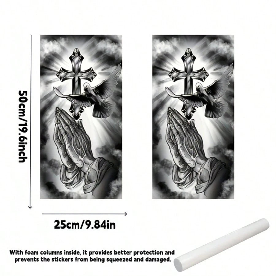 2pcs 2D Flat Jesus Cross Car B-Pillar Vinyl Stickers, Easy To Install Removable Waterproof Car Door Pillar Decals, Air Bubble Packaging, Vehicle Exterior Decoration