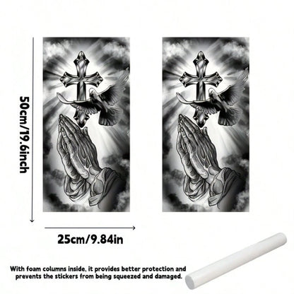 2pcs 2D Flat Jesus Cross Car B-Pillar Vinyl Stickers, Easy To Install Removable Waterproof Car Door Pillar Decals, Air Bubble Packaging, Vehicle Exterior Decoration