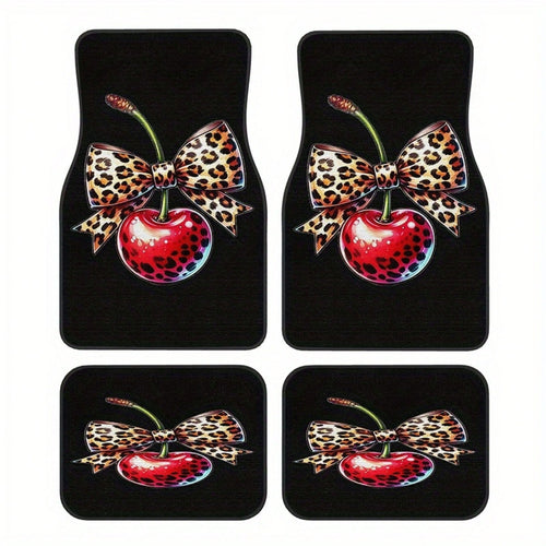 2pcs/4pcs Leopard Print Bow Cherry Sweet Cool Style Pattern Floor Mats, Four-Piece Set With Artistic Touch, Easy To Clean Interior Accessories, Clear Printed Material That Does Not Fade-Fashionable An
