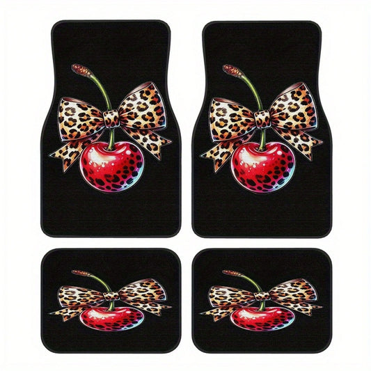 2pcs/4pcs Leopard Print Bow Cherry Sweet Cool Style Pattern Floor Mats, Four-Piece Set With Artistic Touch, Easy To Clean Interior Accessories, Clear Printed Material That Does Not Fade-Fashionable An