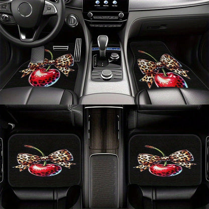 2pcs/4pcs Leopard Print Bow Cherry Sweet Cool Style Pattern Floor Mats, Four-Piece Set With Artistic Touch, Easy To Clean Interior Accessories, Clear Printed Material That Does Not Fade-Fashionable An