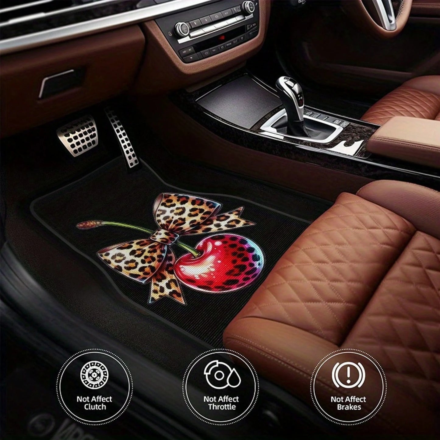 2pcs/4pcs Leopard Print Bow Cherry Sweet Cool Style Pattern Floor Mats, Four-Piece Set With Artistic Touch, Easy To Clean Interior Accessories, Clear Printed Material That Does Not Fade-Fashionable An