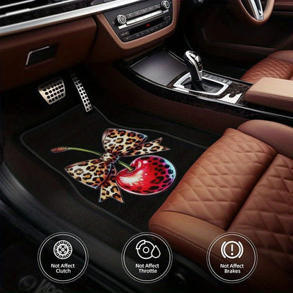 2pcs/4pcs Leopard Print Bow Cherry Sweet Cool Style Pattern Floor Mats, Four-Piece Set With Artistic Touch, Easy To Clean Interior Accessories, Clear Printed Material That Does Not Fade-Fashionable An