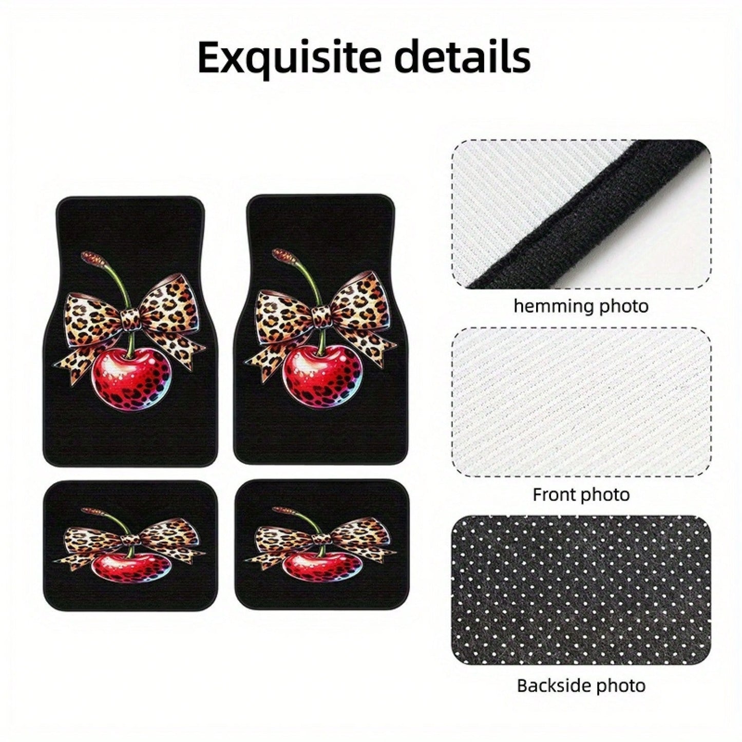 2pcs/4pcs Leopard Print Bow Cherry Sweet Cool Style Pattern Floor Mats, Four-Piece Set With Artistic Touch, Easy To Clean Interior Accessories, Clear Printed Material That Does Not Fade-Fashionable An