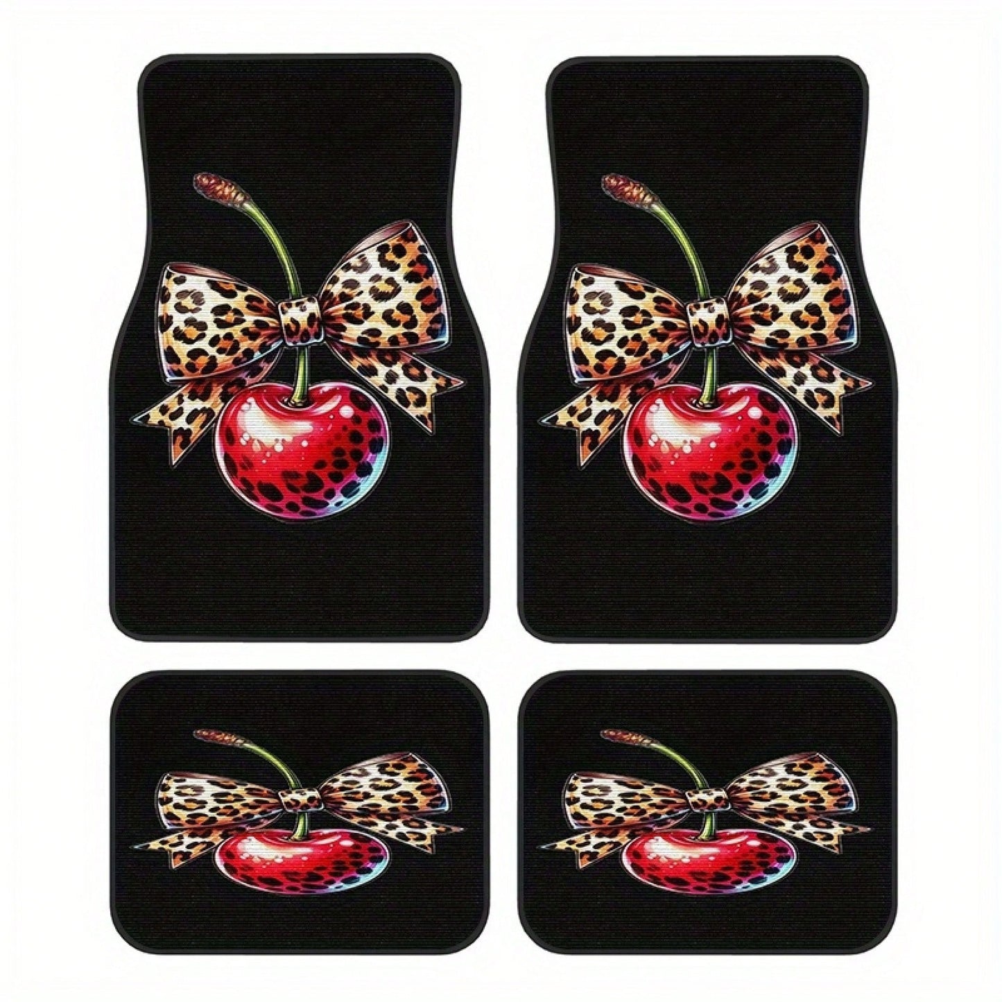 2pcs/4pcs Leopard Print Bow Cherry Sweet Cool Style Pattern Floor Mats, Four-Piece Set With Artistic Touch, Easy To Clean Interior Accessories, Clear Printed Material That Does Not Fade-Fashionable An