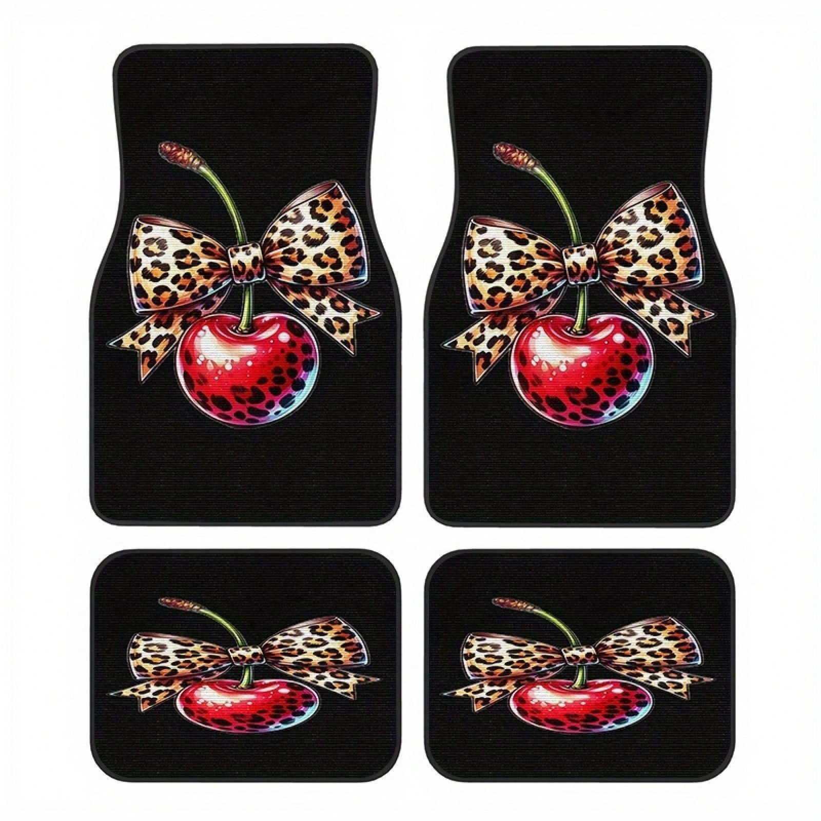 2pcs/4pcs Leopard Print Bow Cherry Sweet Cool Style Pattern Floor Mats, Four-Piece Set With Artistic Touch, Easy To Clean Interior Accessories, Clear Printed Material That Does Not Fade-Fashionable An